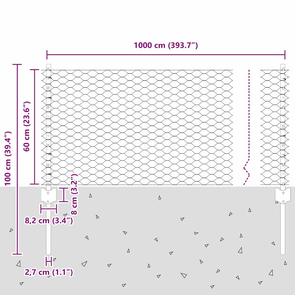 vidaXL Sześciokątne ogrodzenie z słupkiem 10 x 0,6 m Stal pokryta PVC