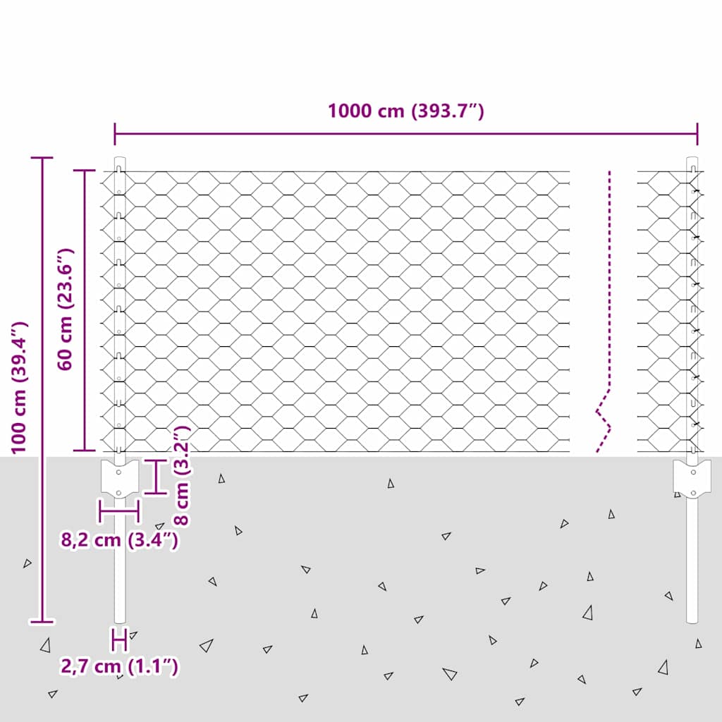 vidaXL Sześciokątne ogrodzenie z słupkiem 10 x 0,6 m Stal pokryta PVC