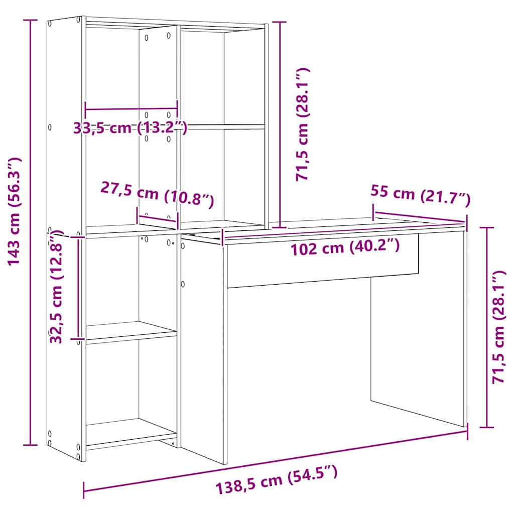 vidaXL Biurko Czarny Dąb 138,5 x 55 x 143 cm Materiał drewnopochodny