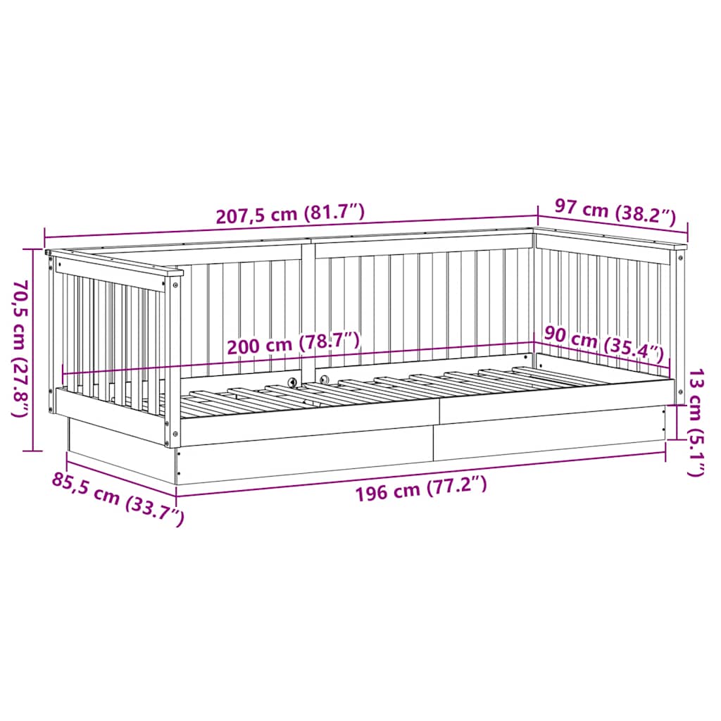 vidaXL Łóżko dzienne bez materaca 90x200 cm, lite drewno sosnowe