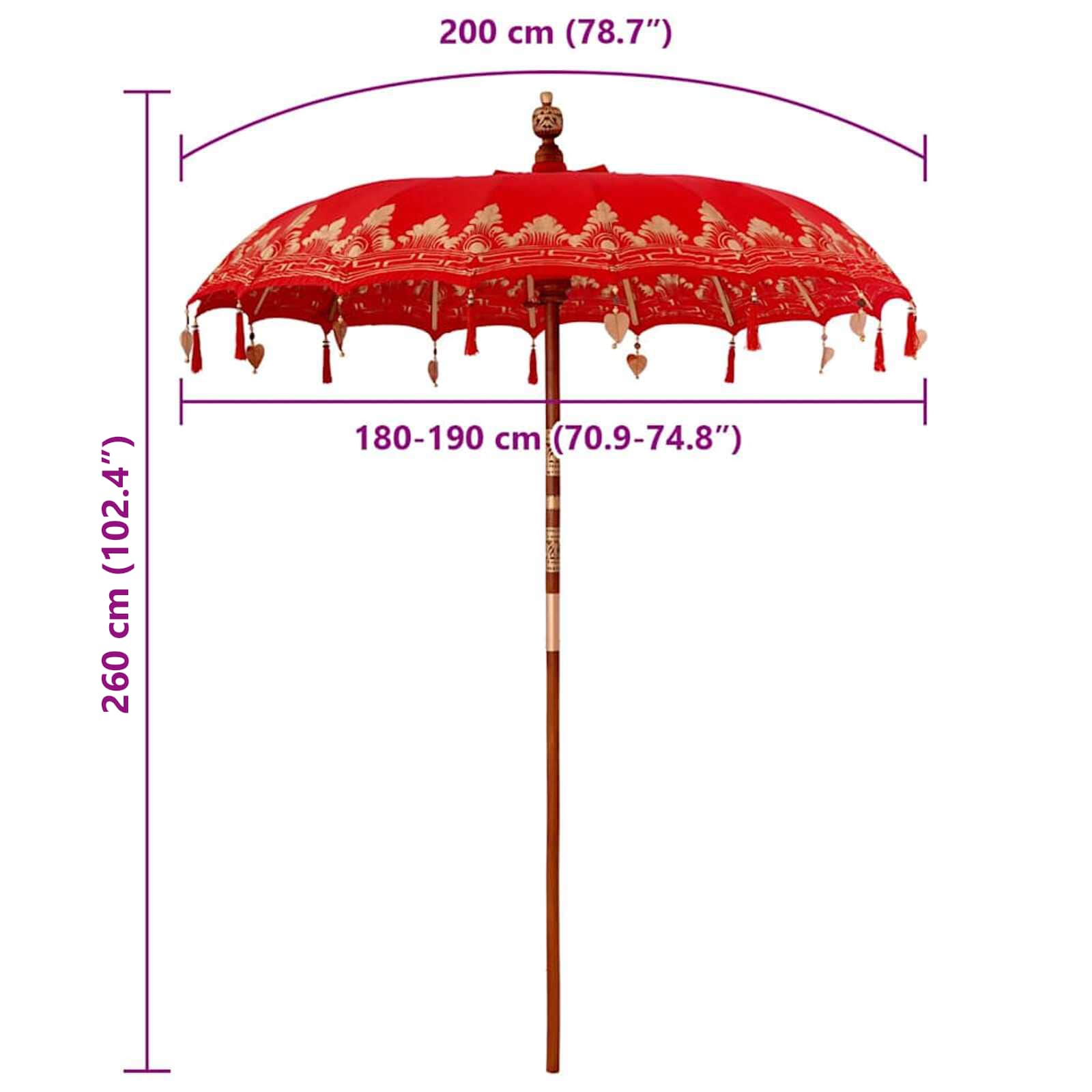 vidaXL Baliński Parasol Czerwony 185 x 185 x 260 cm