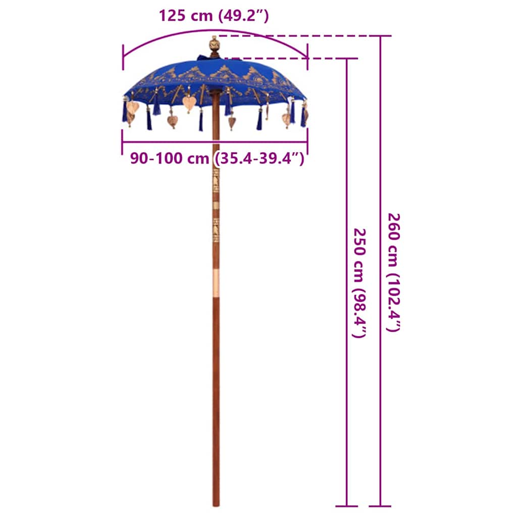 vidaXL Baliński Parasol Niebieski 125 x 125 x 260 cm