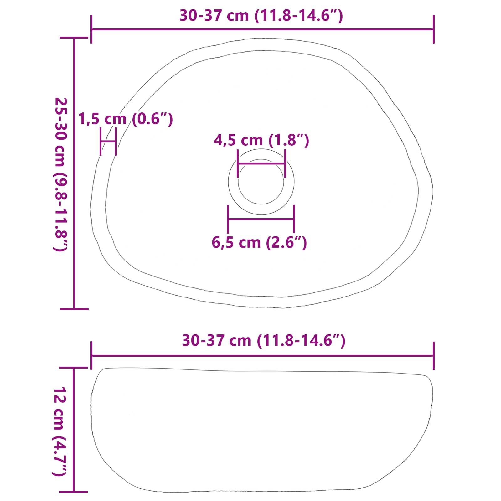 vidaXL Basin z rzeczonego kamienia (30-37) x (25-30) x 12 cm