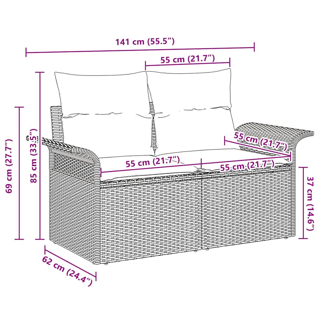 vidaXL Sofa Ogrodowa z poduszką Czarny 141 x 62 x 69cm polirattan