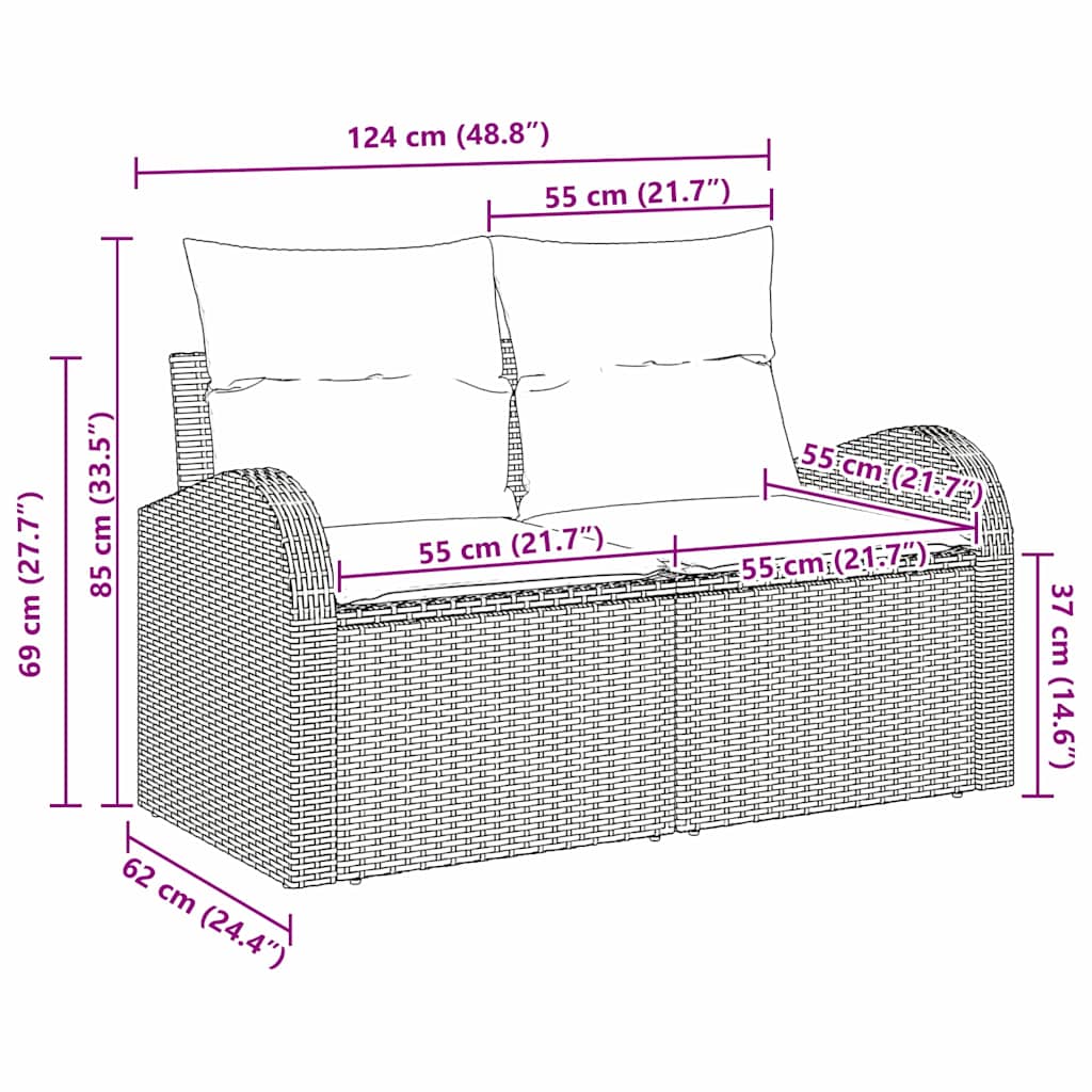 vidaXL Sofa Ogrodowa z poduszką Szary 124 x 62 x 69 cm polirattan