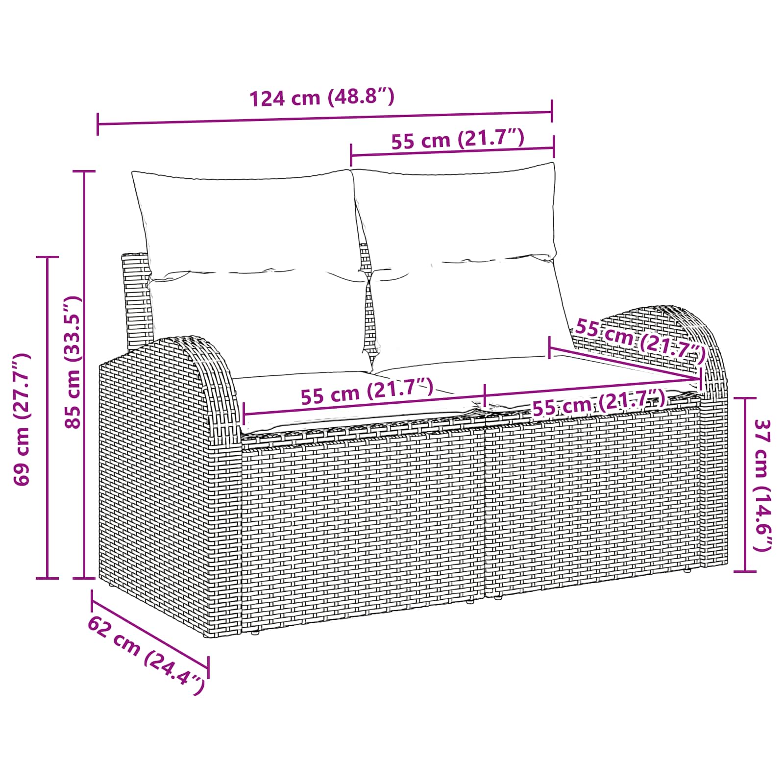 vidaXL Sofa Ogrodowa Brązowy 124 x 62 x 85cm polirattan