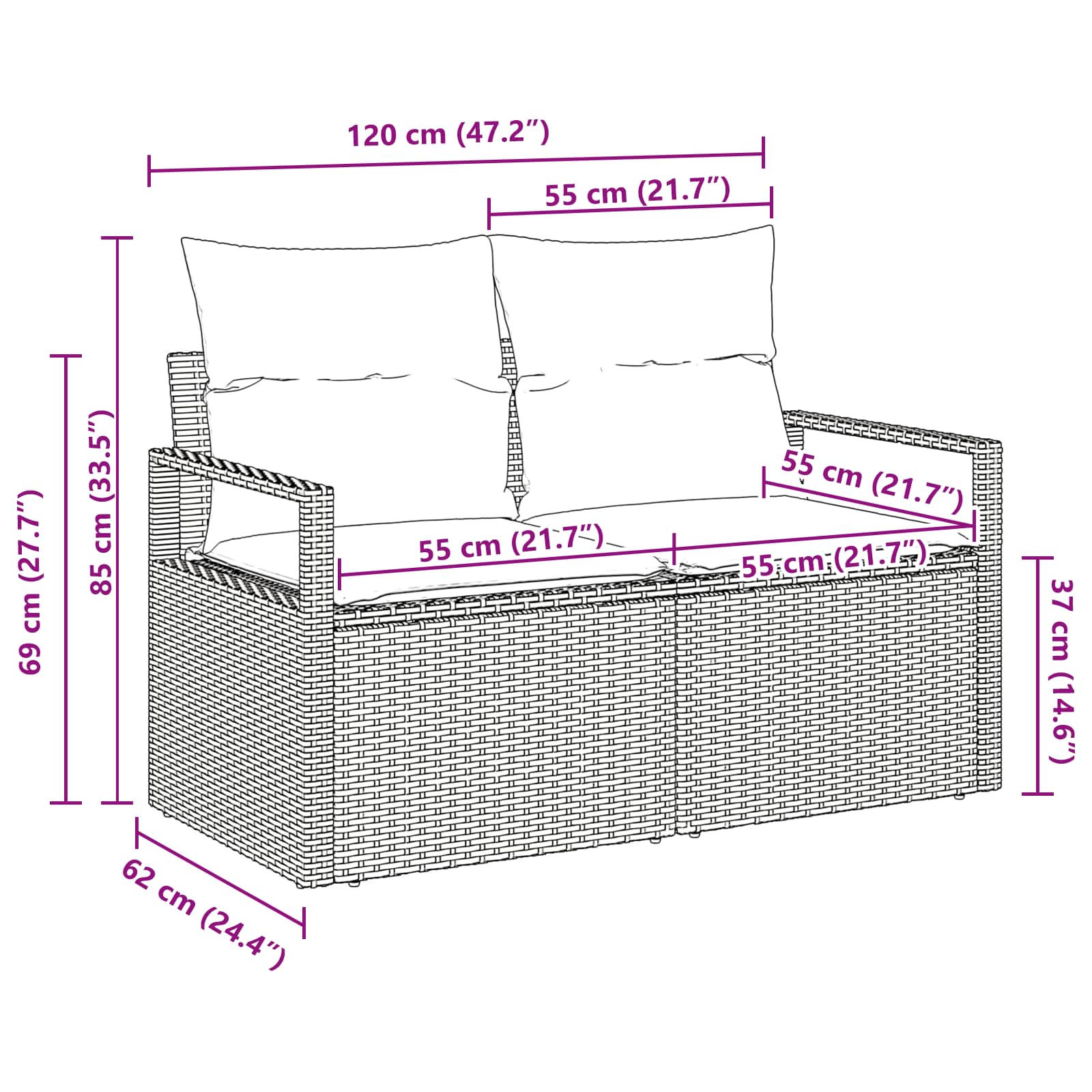 vidaXL Sofa Ogrodowa z poduszką 120 x 62 x 69 cm polirattan