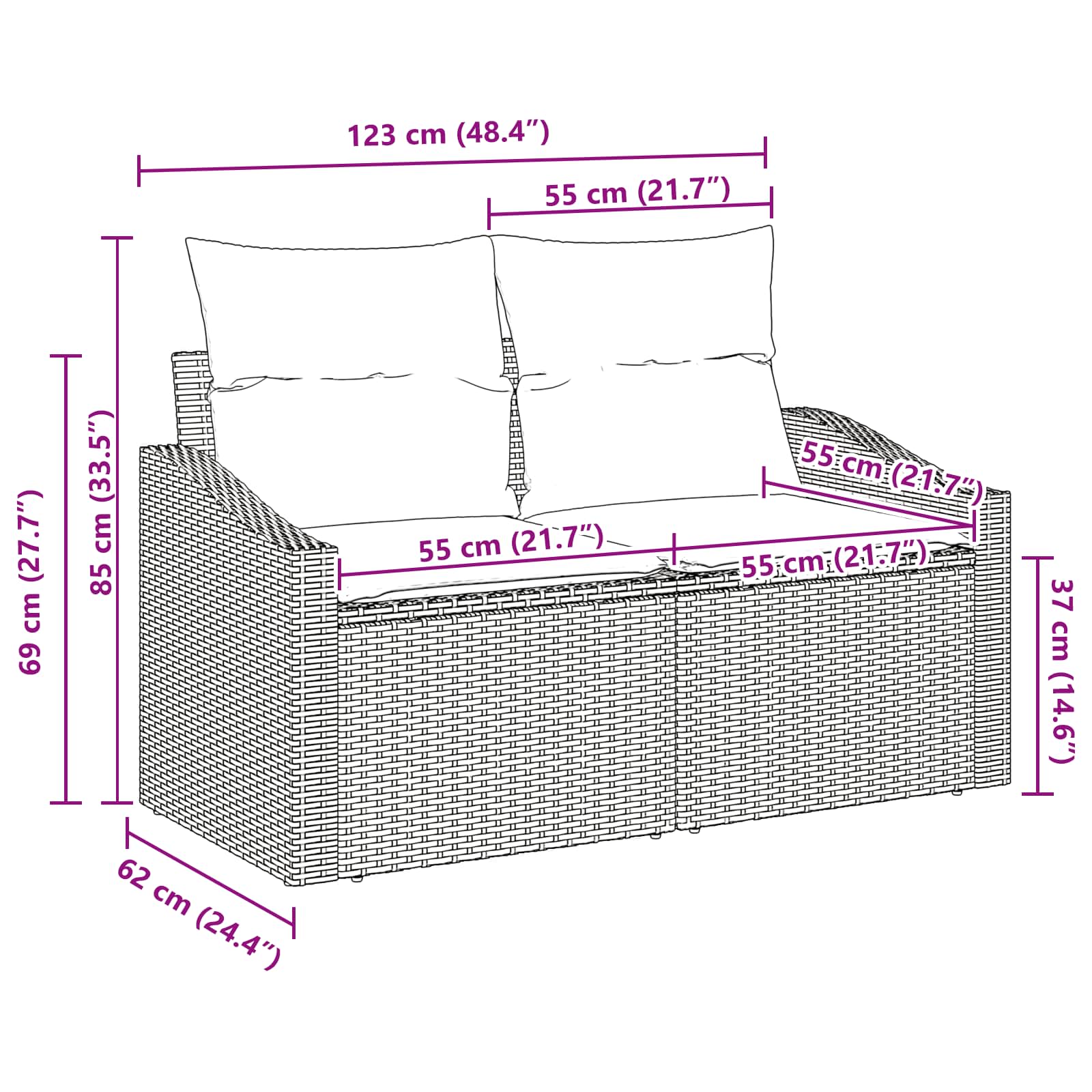 vidaXL Sofa Ogrodowa Brązowy 123 x 62 x 69cm polirattan
