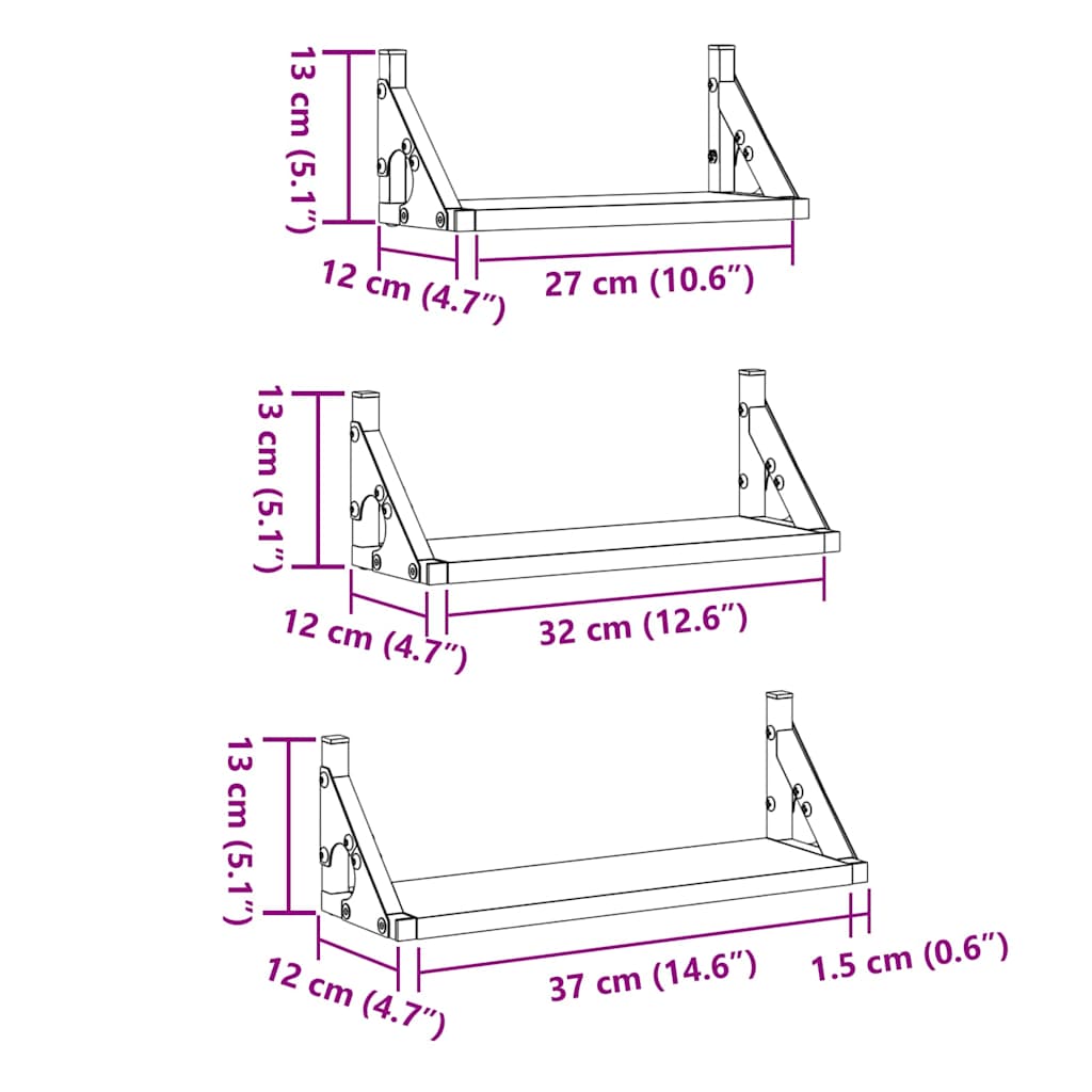 vidaXL Półka ścienna Montowane na ścianie 3 pcs Dąb dymny