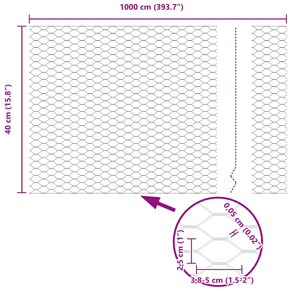 vidaXL Ogrodzenie heksagonalne Srebrny 0,4 x 10 m Stal galwanizowana
