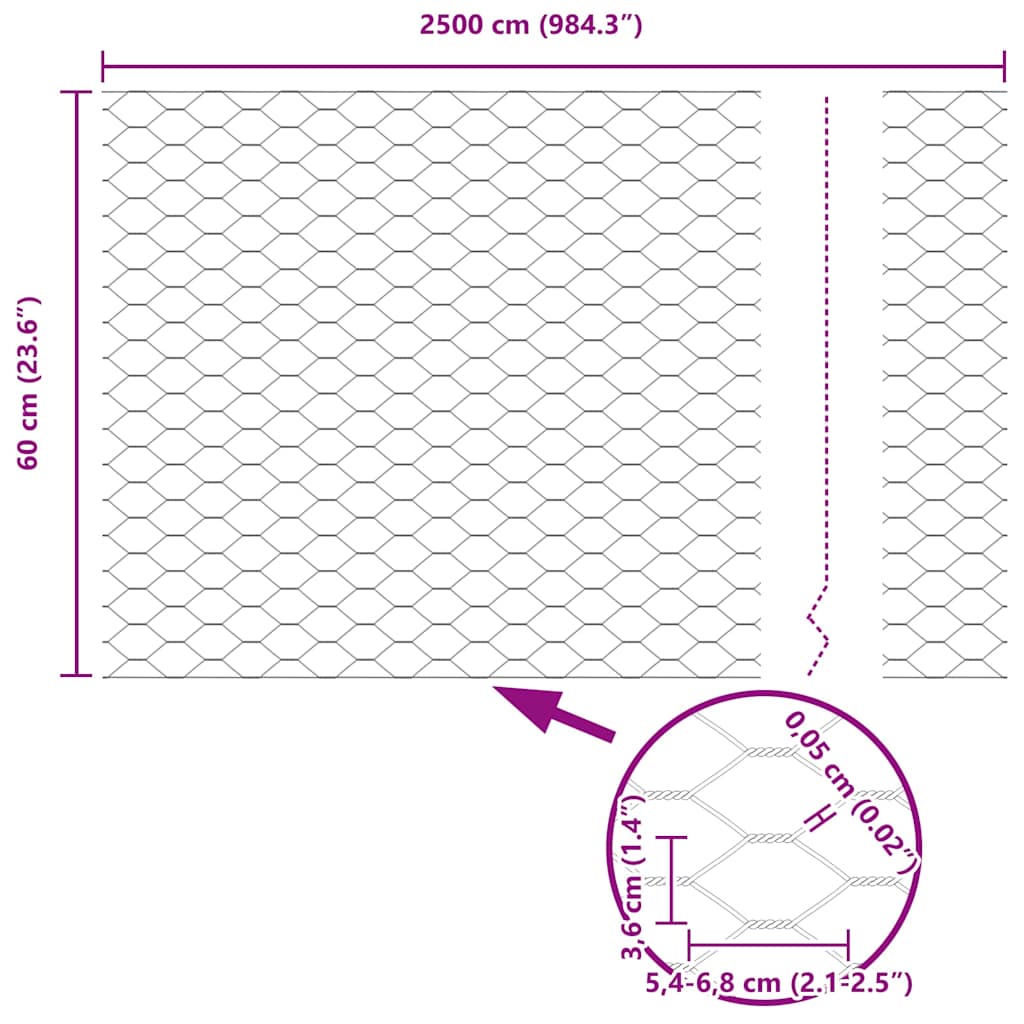 vidaXL Ogrodzenie heksagonalne Srebrny 0,6 x 25 m Stal galwanizowana