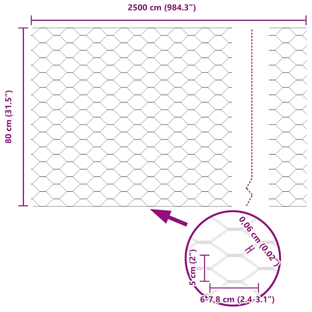vidaXL Ogrodzenie heksagonalne Srebrny 0,8 x 25 m Stal galwanizowana