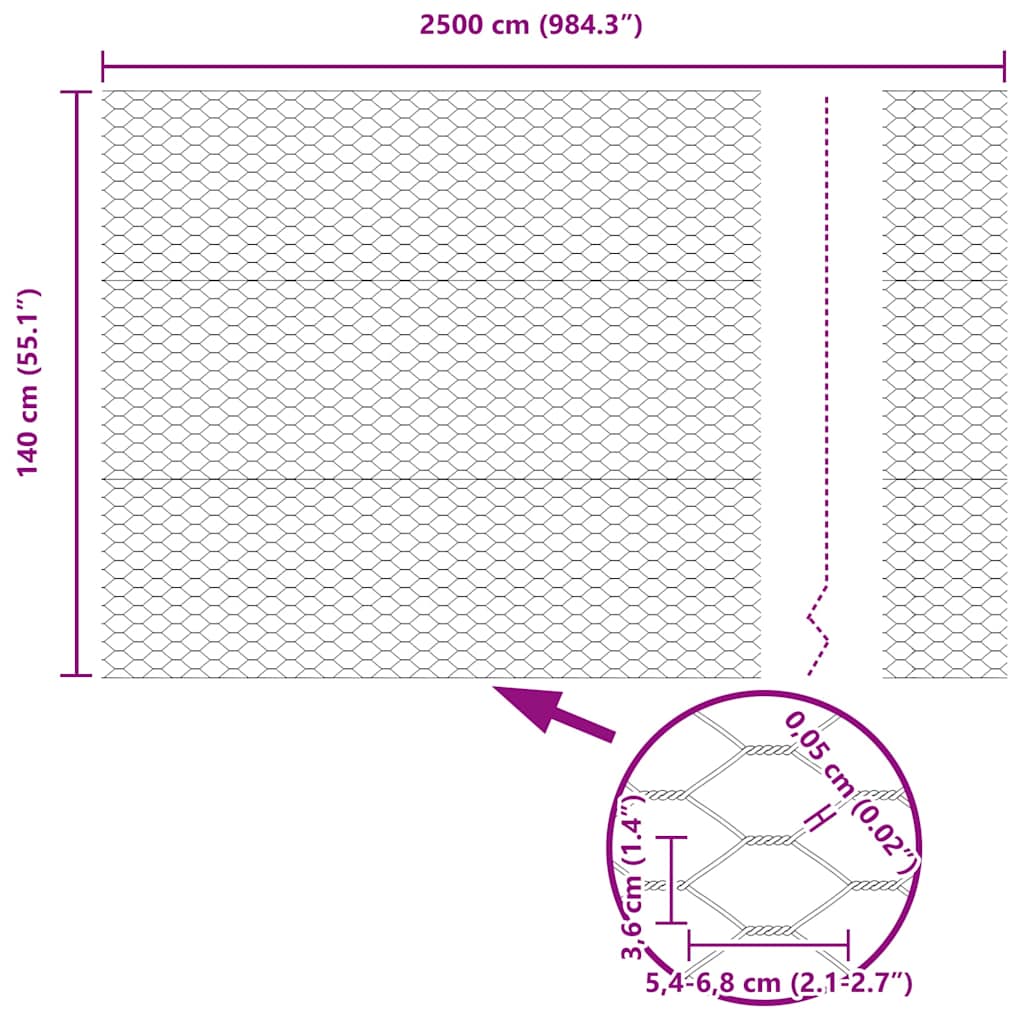 vidaXL Ogrodzenie heksagonalne Srebrny 1,4 x 25 m Stal galwanizowana