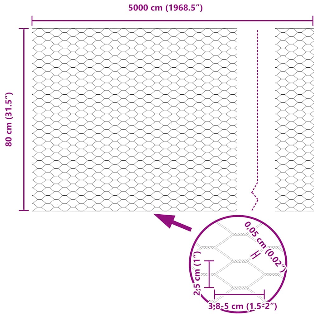 vidaXL Ogrodzenie heksagonalne Srebrny 0,8 x 50 m Stal galwanizowana