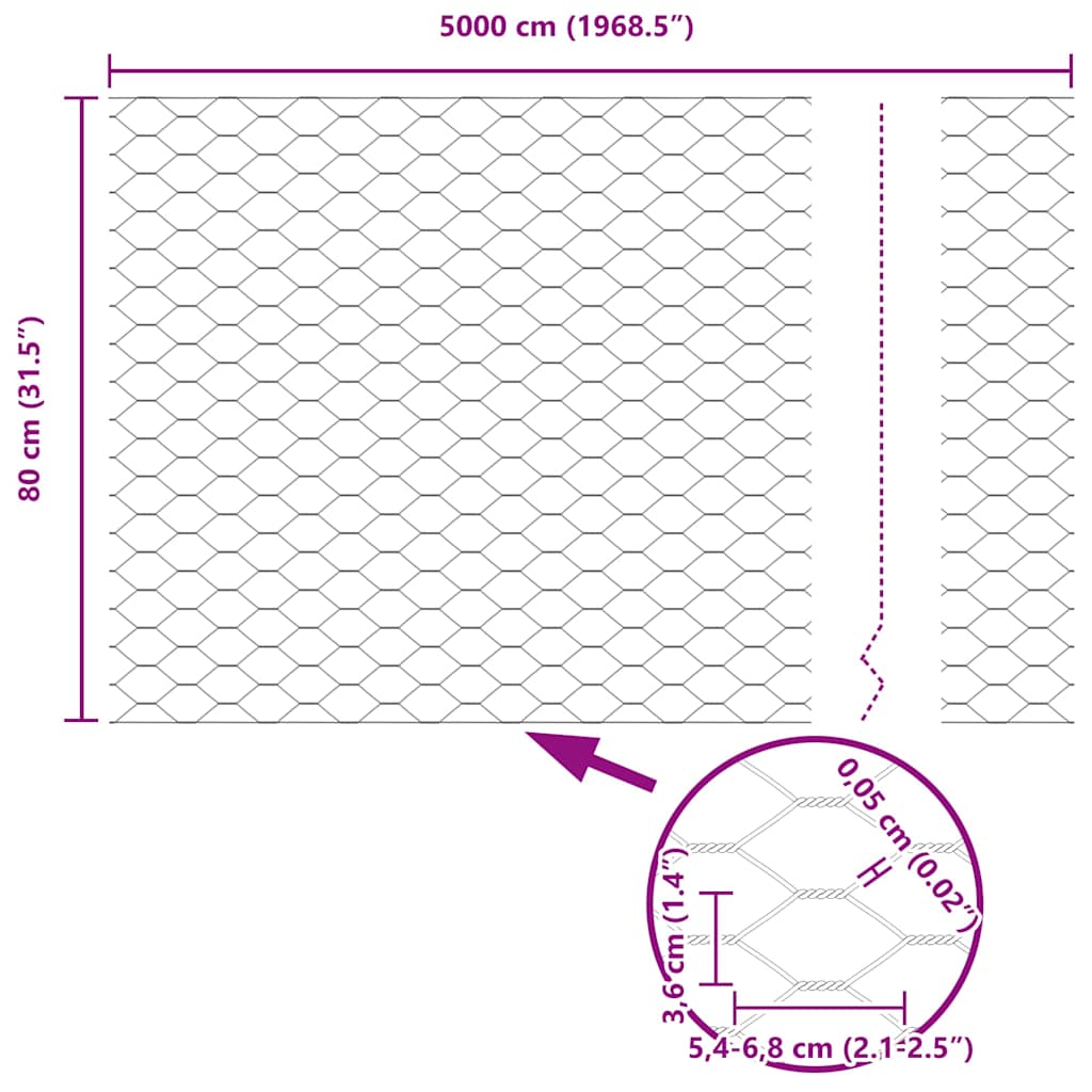 vidaXL Ogrodzenie heksagonalne Srebrny 0,8 x 50 m Stal galwanizowana