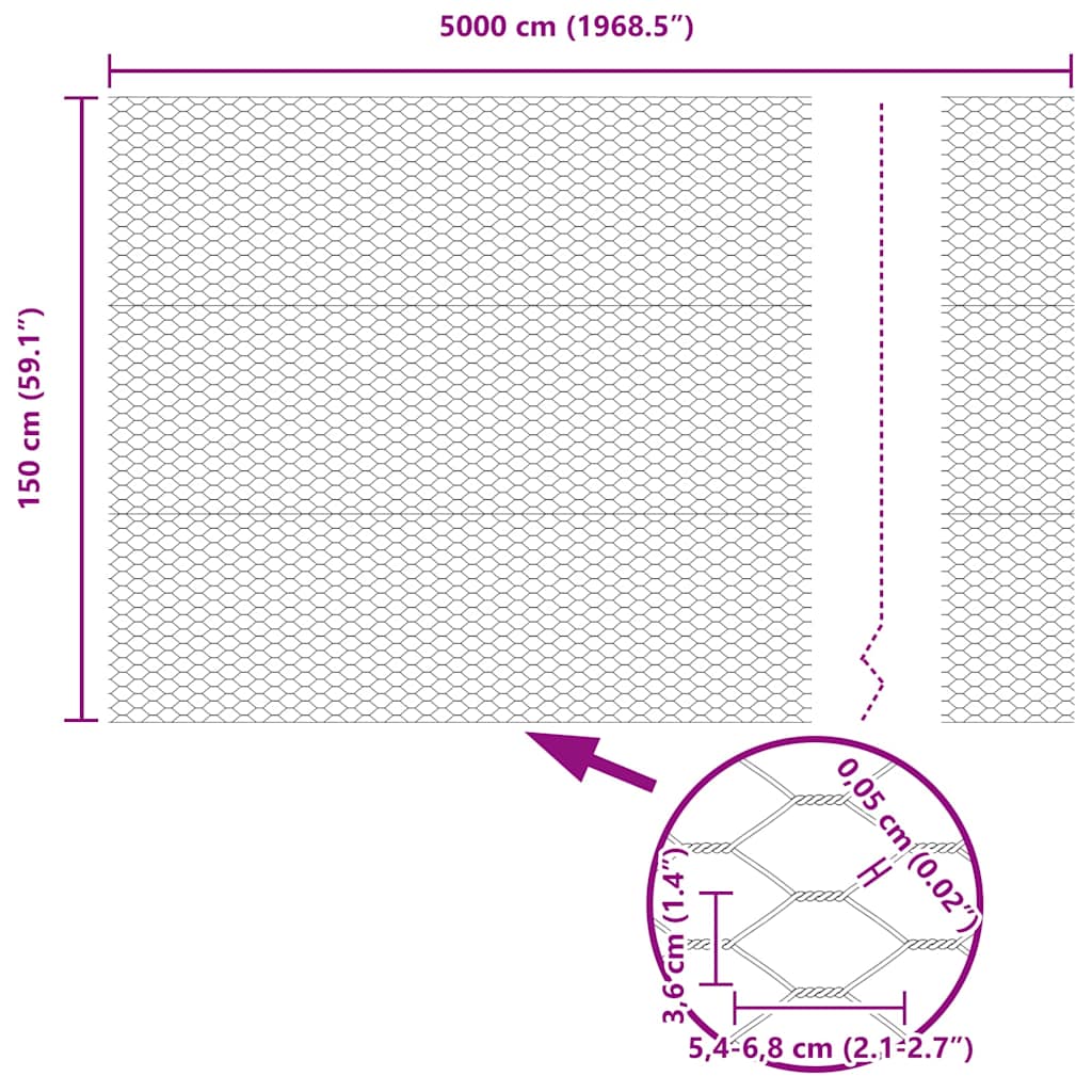 vidaXL Ogrodzenie heksagonalne Srebrny 1,5 x 50 m Stal galwanizowana