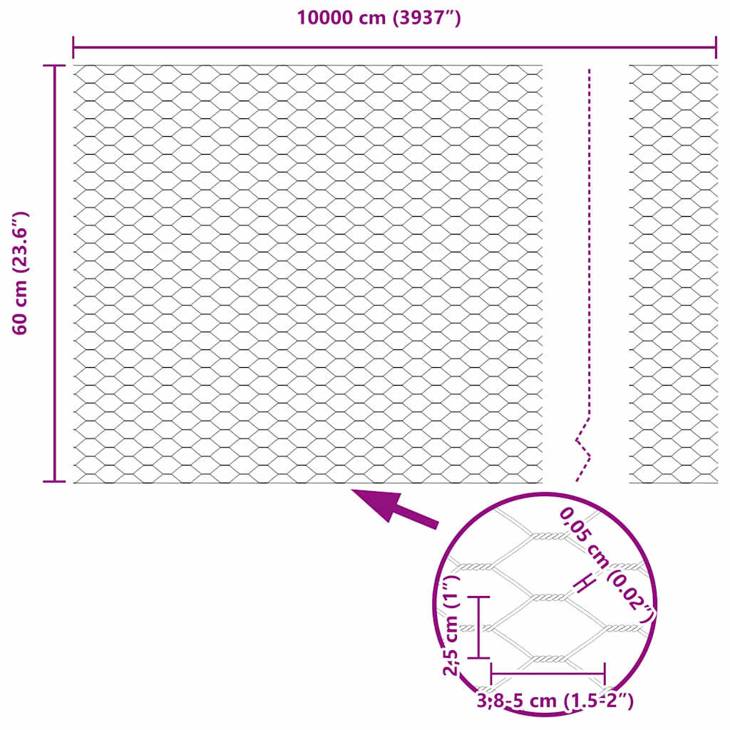 vidaXL Ogrodzenie heksagonalne Srebrny 0,6 x 100 m Stal galwanizowana