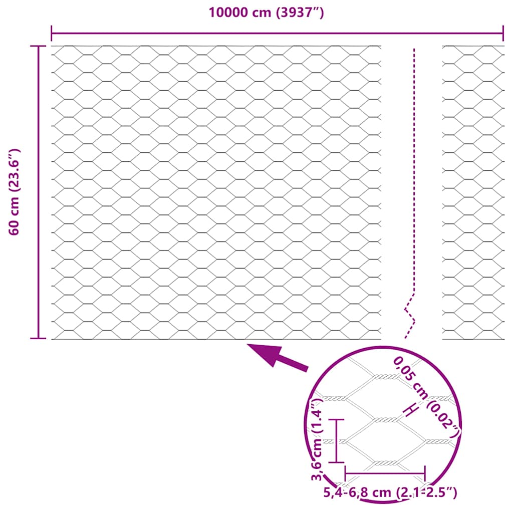 vidaXL Ogrodzenie heksagonalne Srebrny 0,6 x 100 m Stal galwanizowana