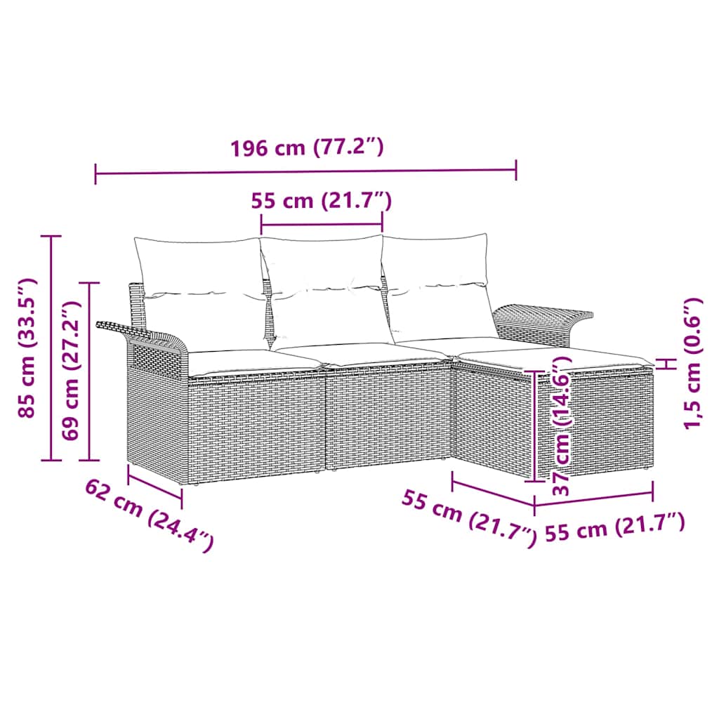 vidaXL Zestaw Sof z poduszką 4 pcs Czarny i kremowy polirattan