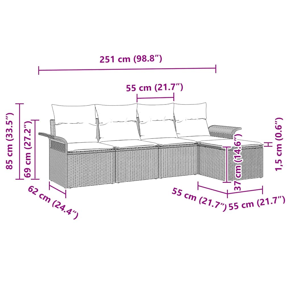 vidaXL Sofa na zewnątrz z poduszką 5 pcs Szary polirattan