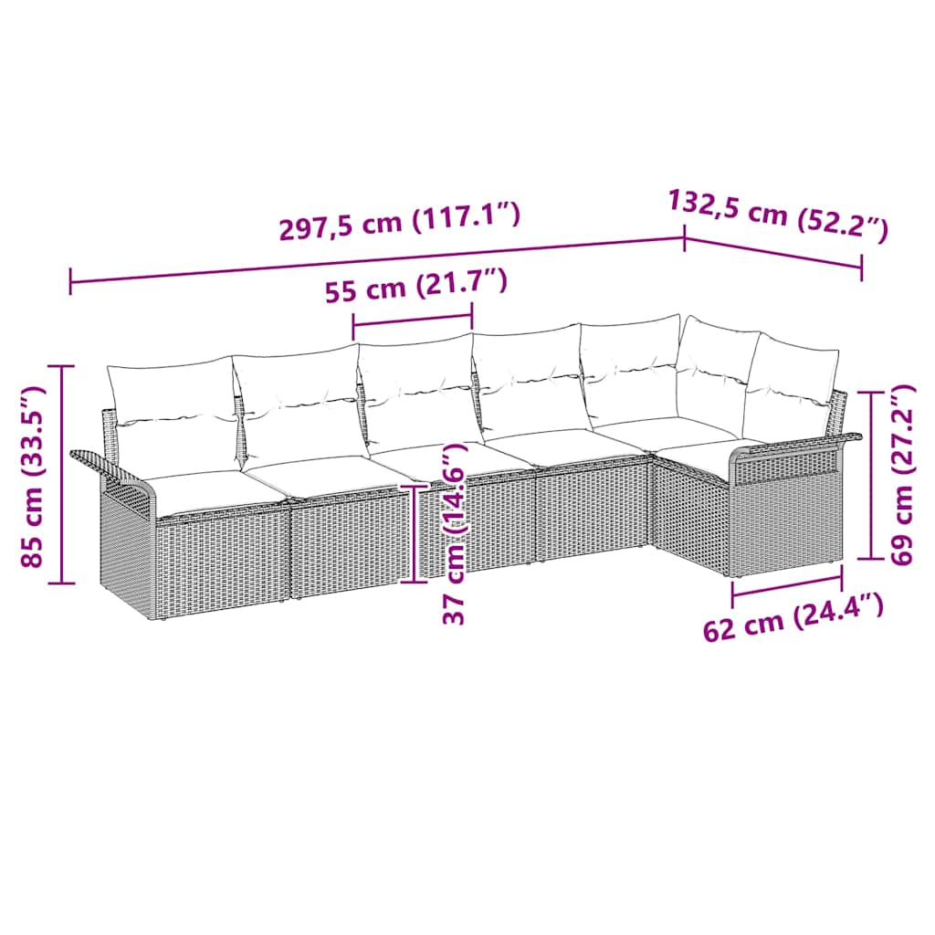 vidaXL Zestaw Sof na Ogród z poduszką 6 pcs Czarny polirattan