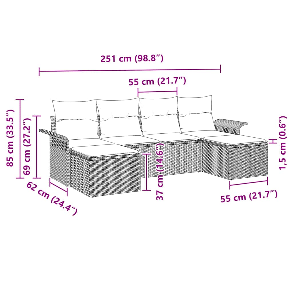 vidaXL Zestaw Sof na Ogród z poduszką 6 pcs Szary polirattan