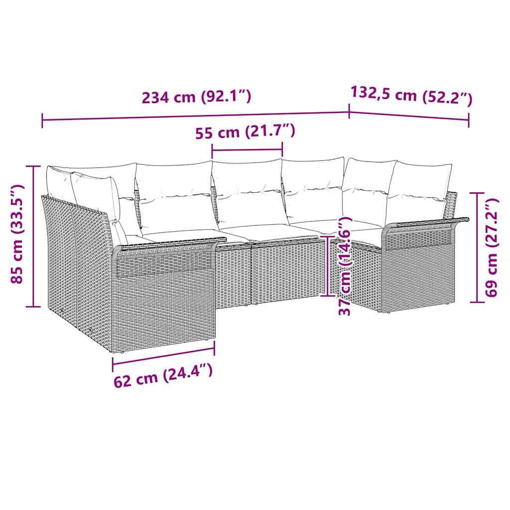 vidaXL Zestaw Sof na Ogród z poduszką 6 pcs Brązowy polirattan