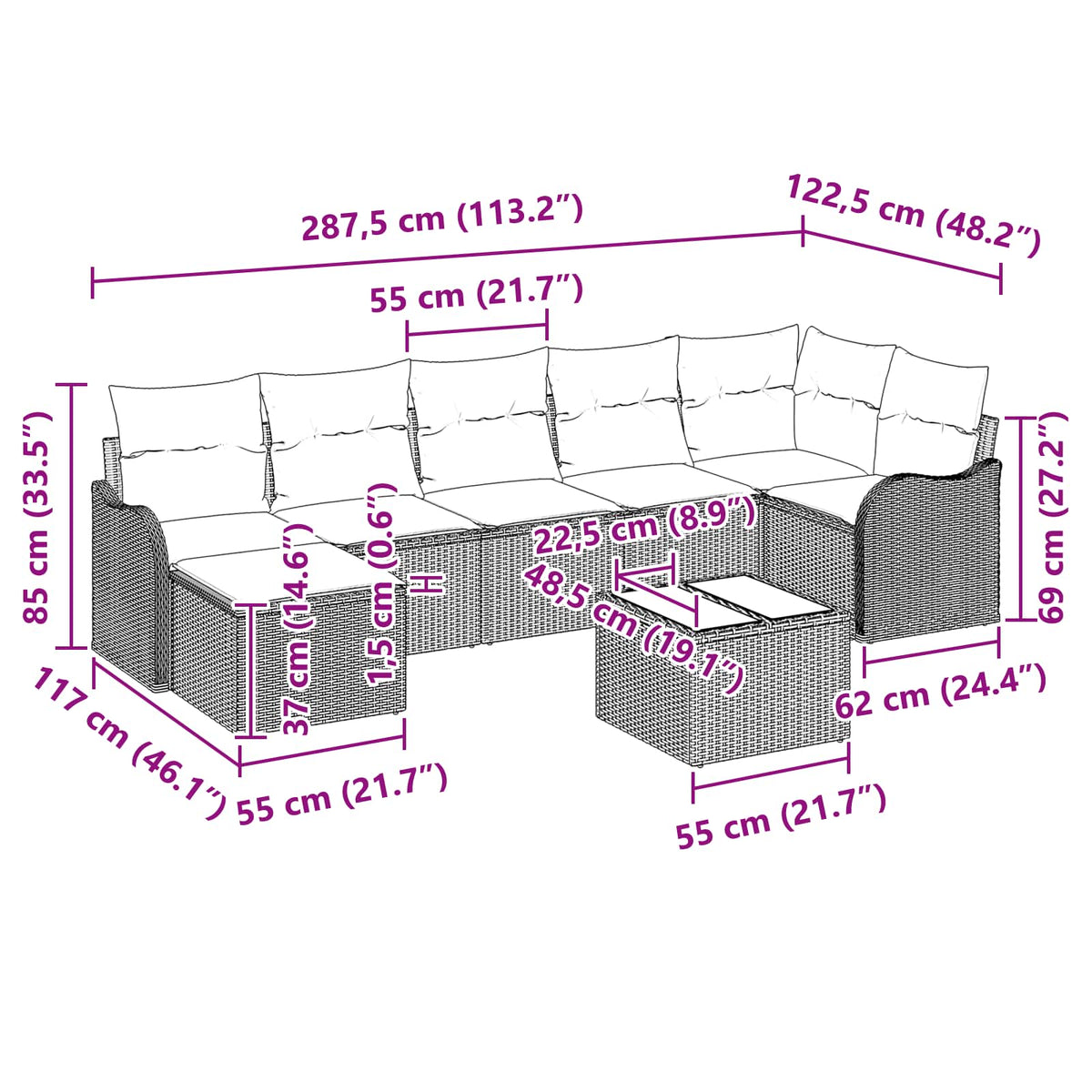 vidaXL Zestaw Sof na Ogród z poduszką 8 pcs Szary Polirattan