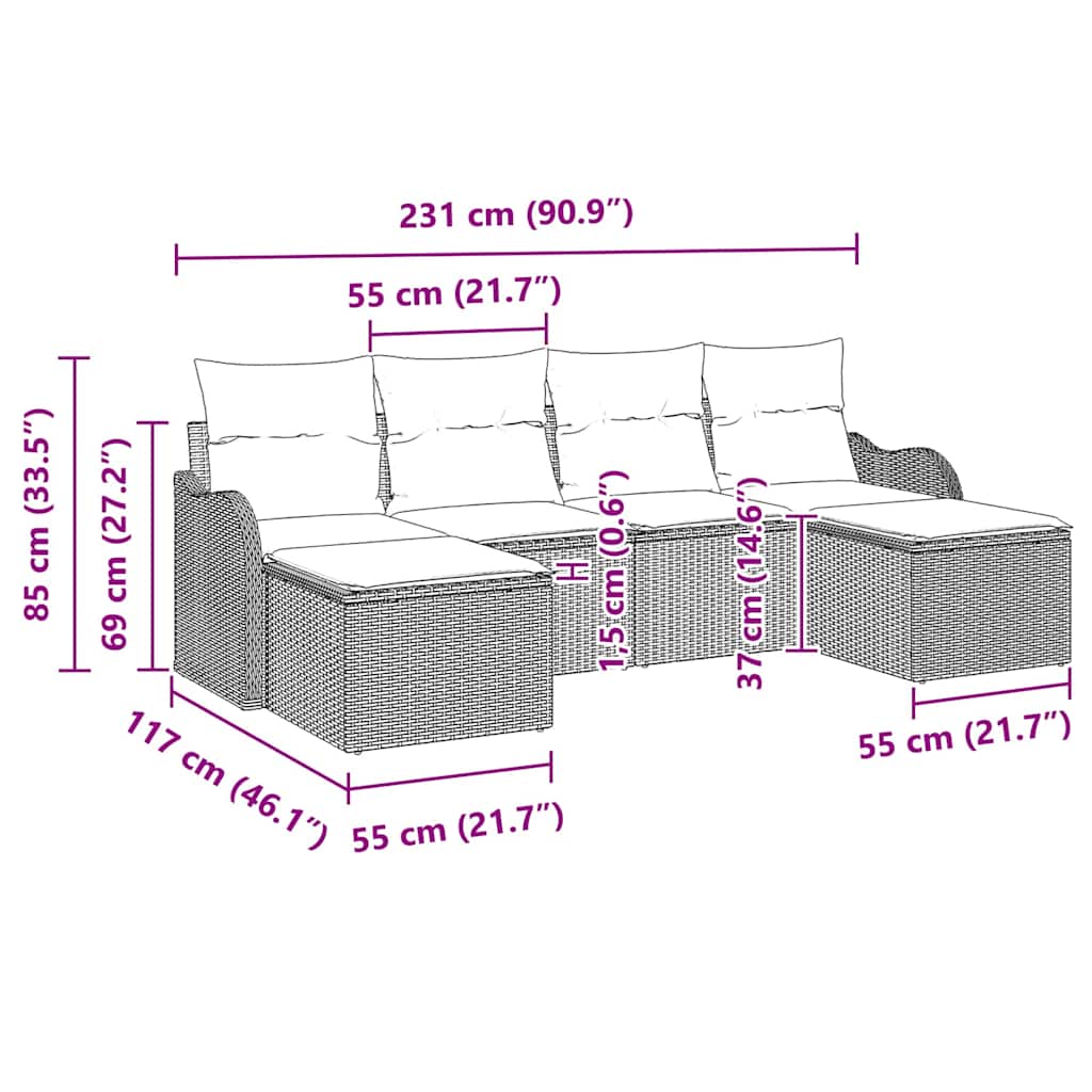 vidaXL Zestaw Sof na Ogród z poduszką 6 pcs Czarny Polirattan