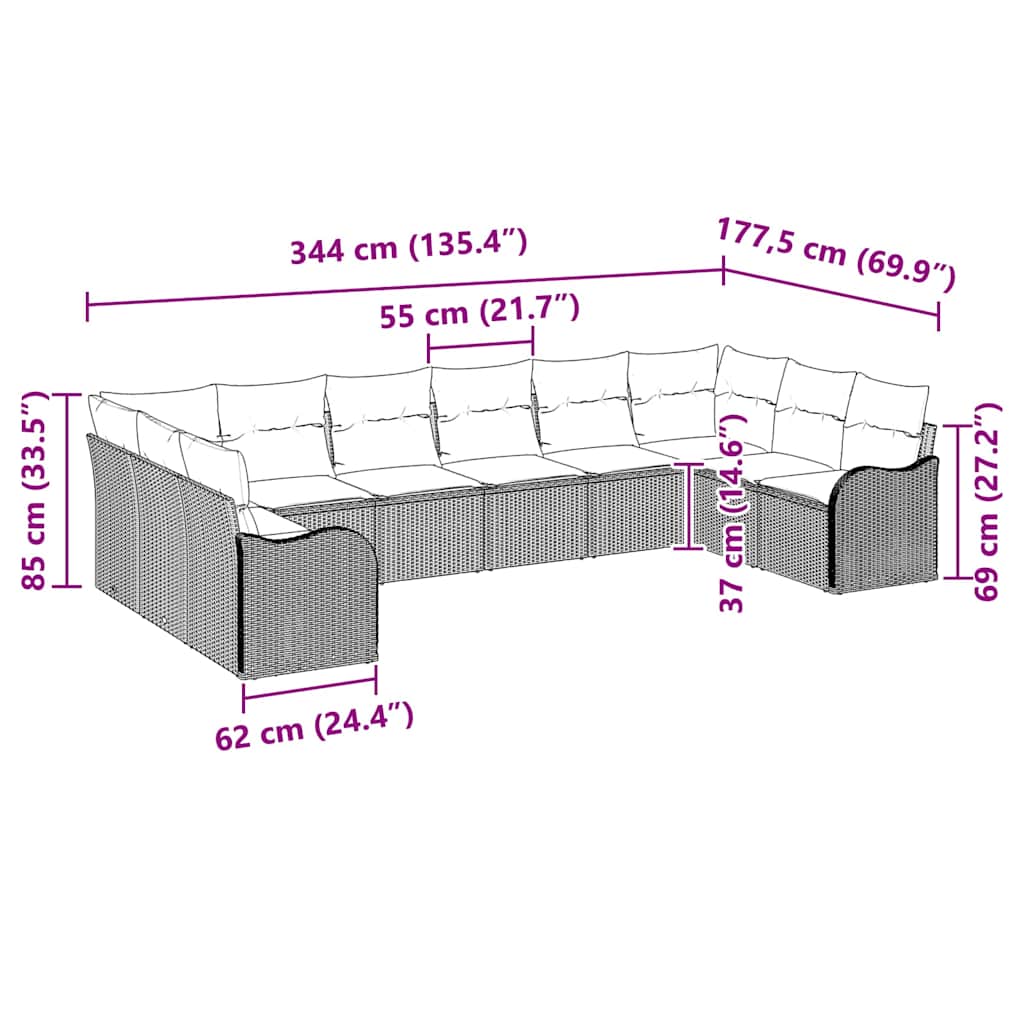 vidaXL Zestaw Sof na Ogród Brązowy 344 x 177,5 x 85 cm polirattan