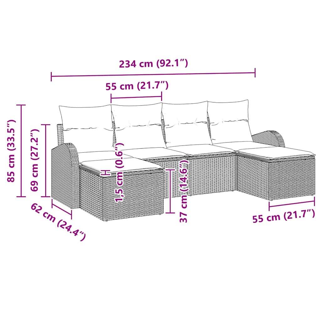 vidaXL Zestaw Sof na Ogród z poduszką 6 pcs Szary Rattan poli