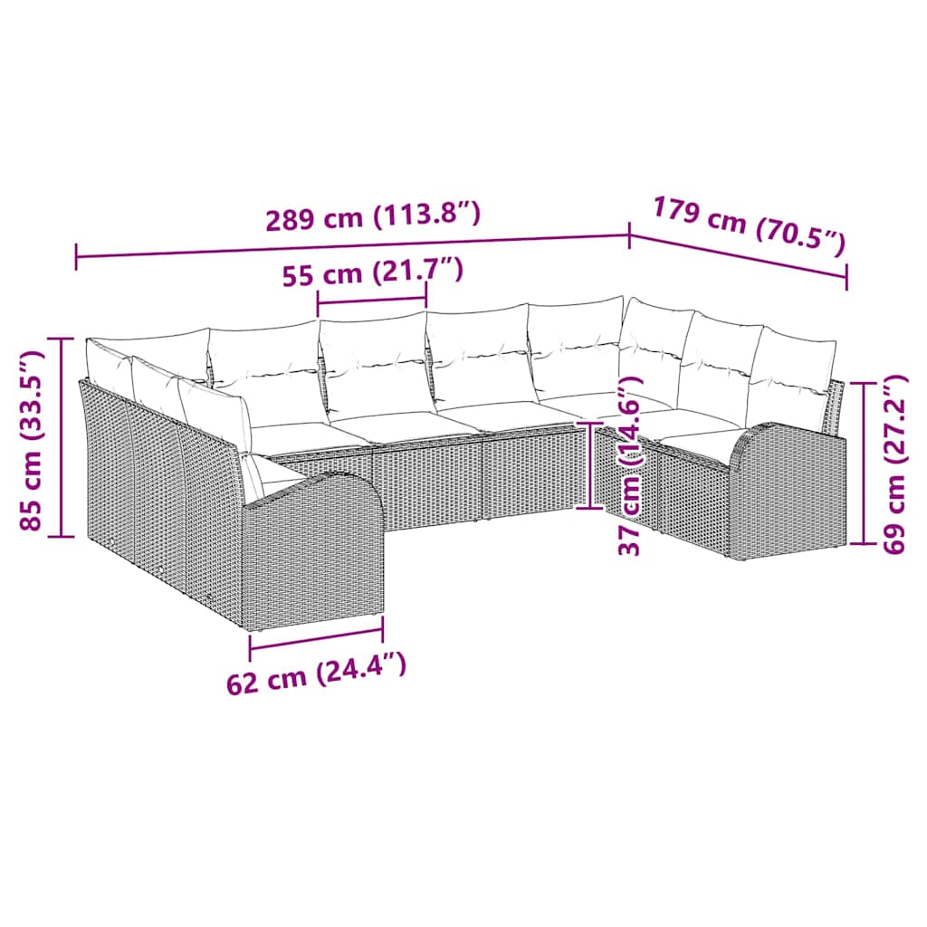 vidaXL Zestaw Sof z poduszką 9 pcs Czarny Rattan poli