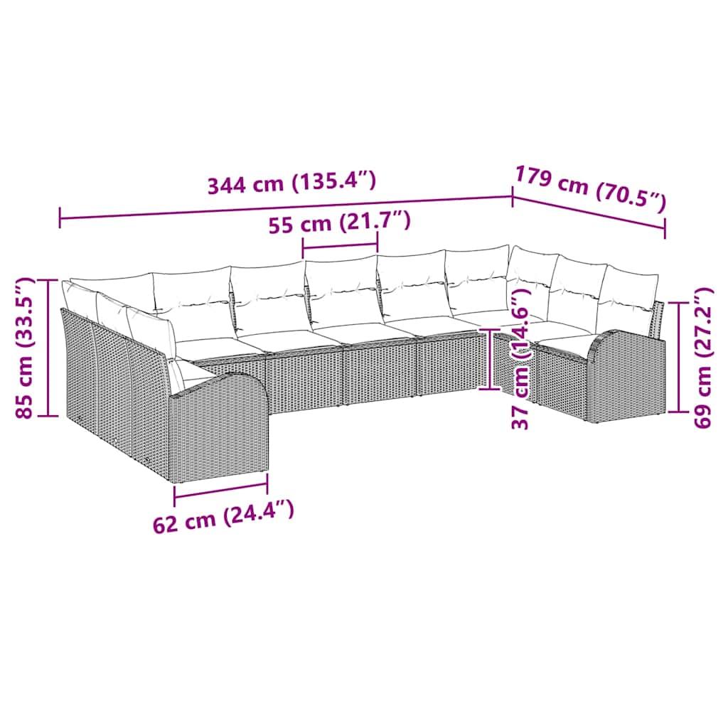 vidaXL Zestaw Sof z poduszką 10 pcs Brązowy Technorattan