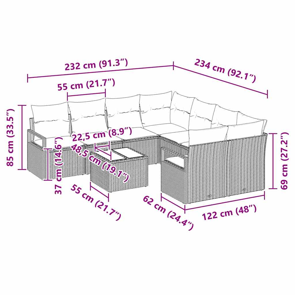 vidaXL Zestaw Sof z poduszką 9 pcs Beżowy i kremowy polirattan