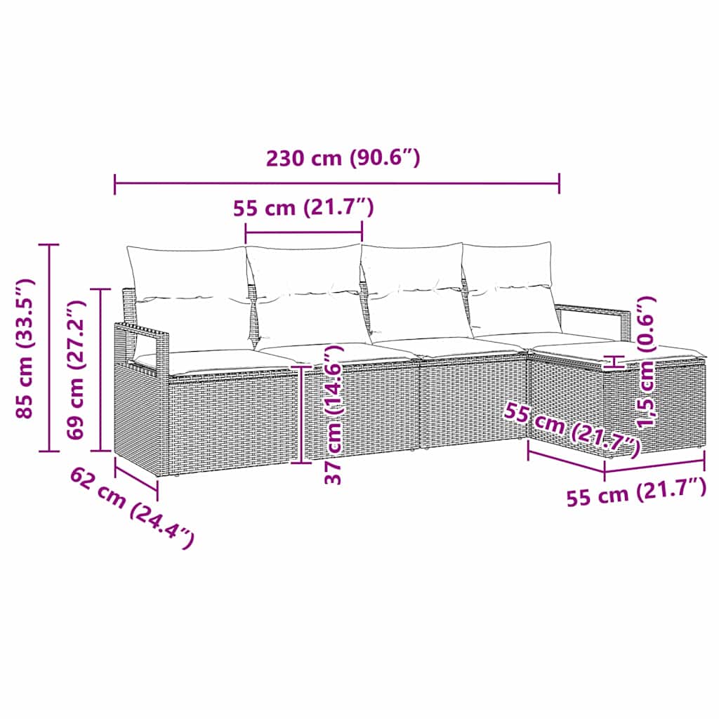 vidaXL Zestaw Sof 5 pcs Czarny polirattan