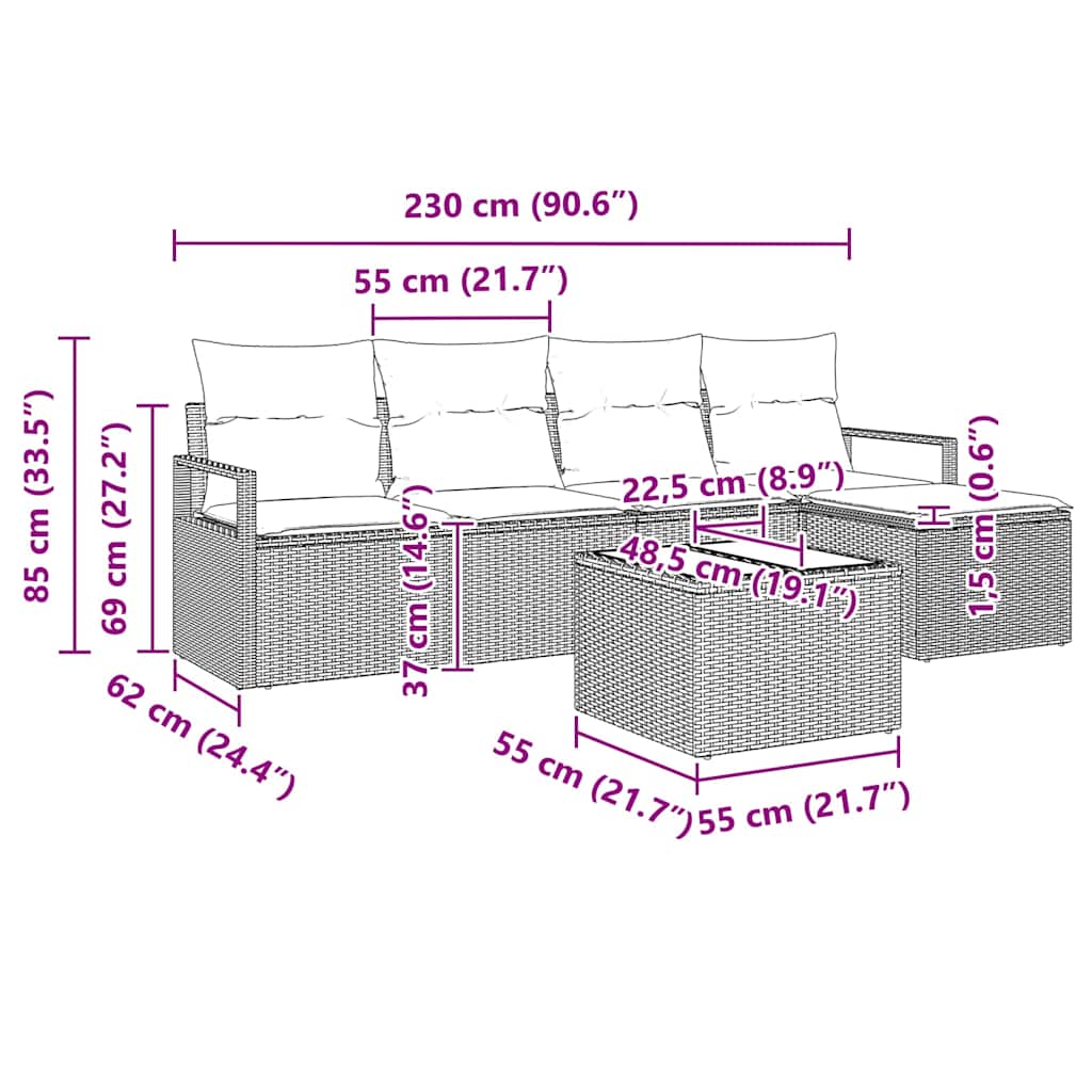 vidaXL Zestaw Sof z poduszką 6 pcs Szary polirattan
