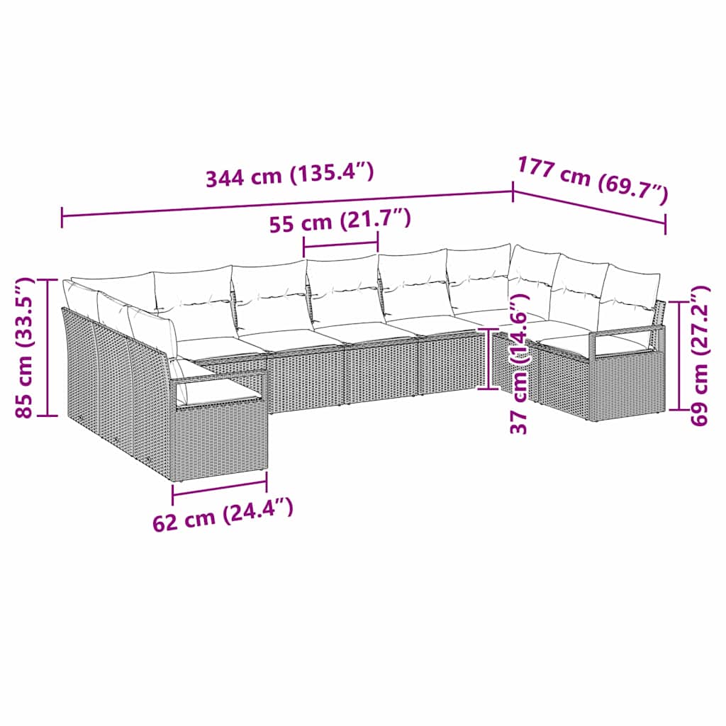 vidaXL Zestaw Sof z poduszką 10 pcs Czarny polirattan