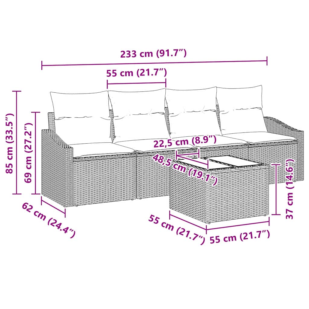 vidaXL Zestaw Sof z poduszką z poduszką 5 pcs Jasnoszary polirattan