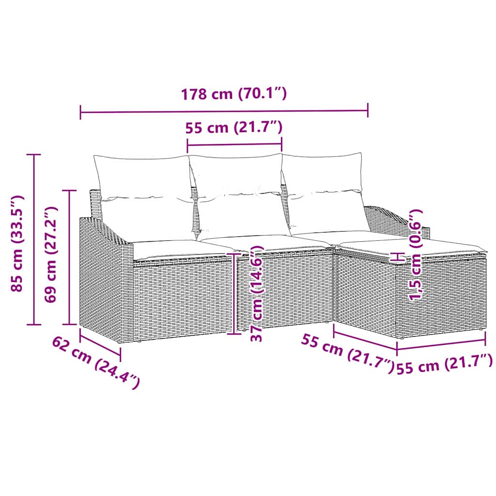 vidaXL Zestaw Sof z poduszką 4 pcs Szary polirattan