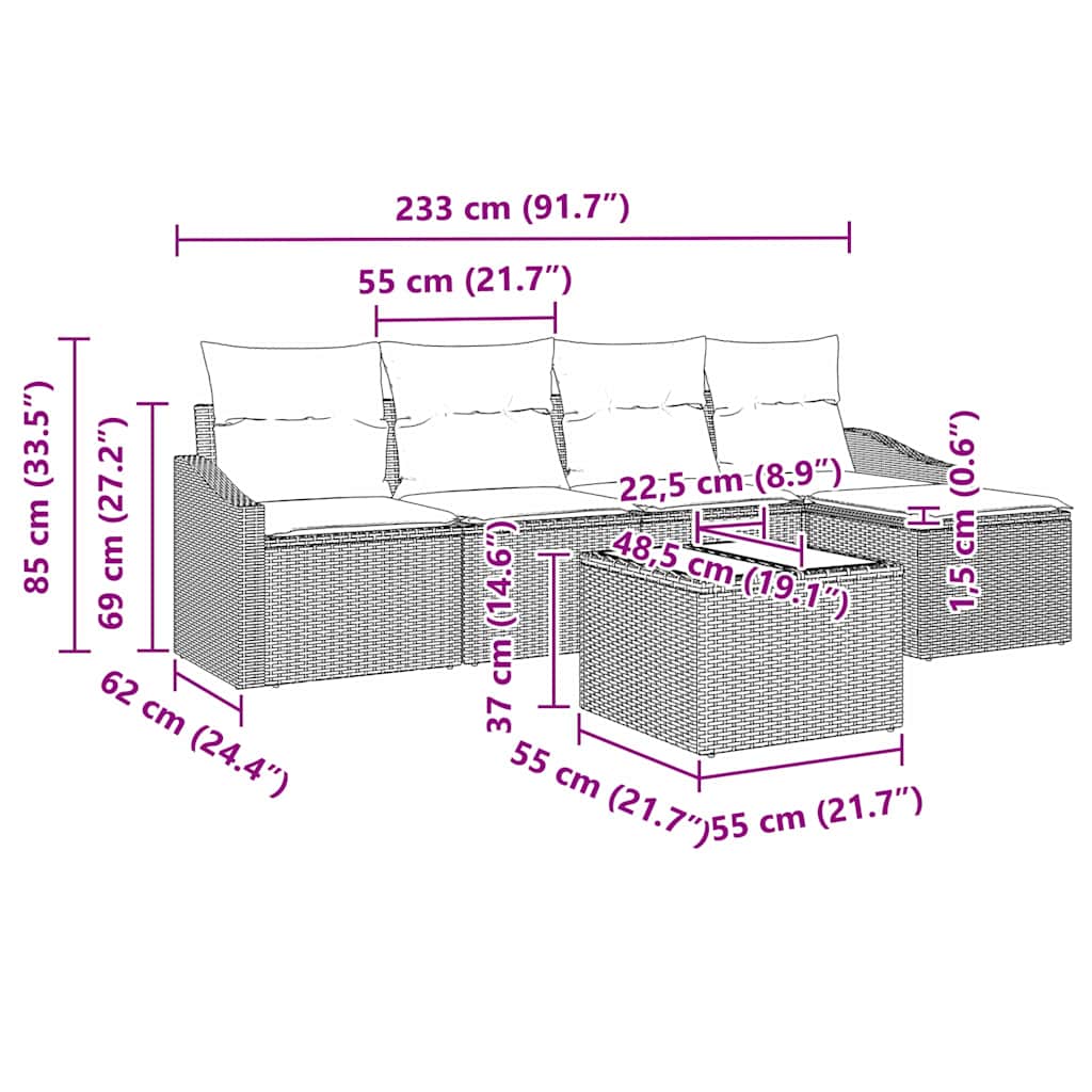 vidaXL Zestaw Sof z poduszką 6 pcs Czarny polirattan