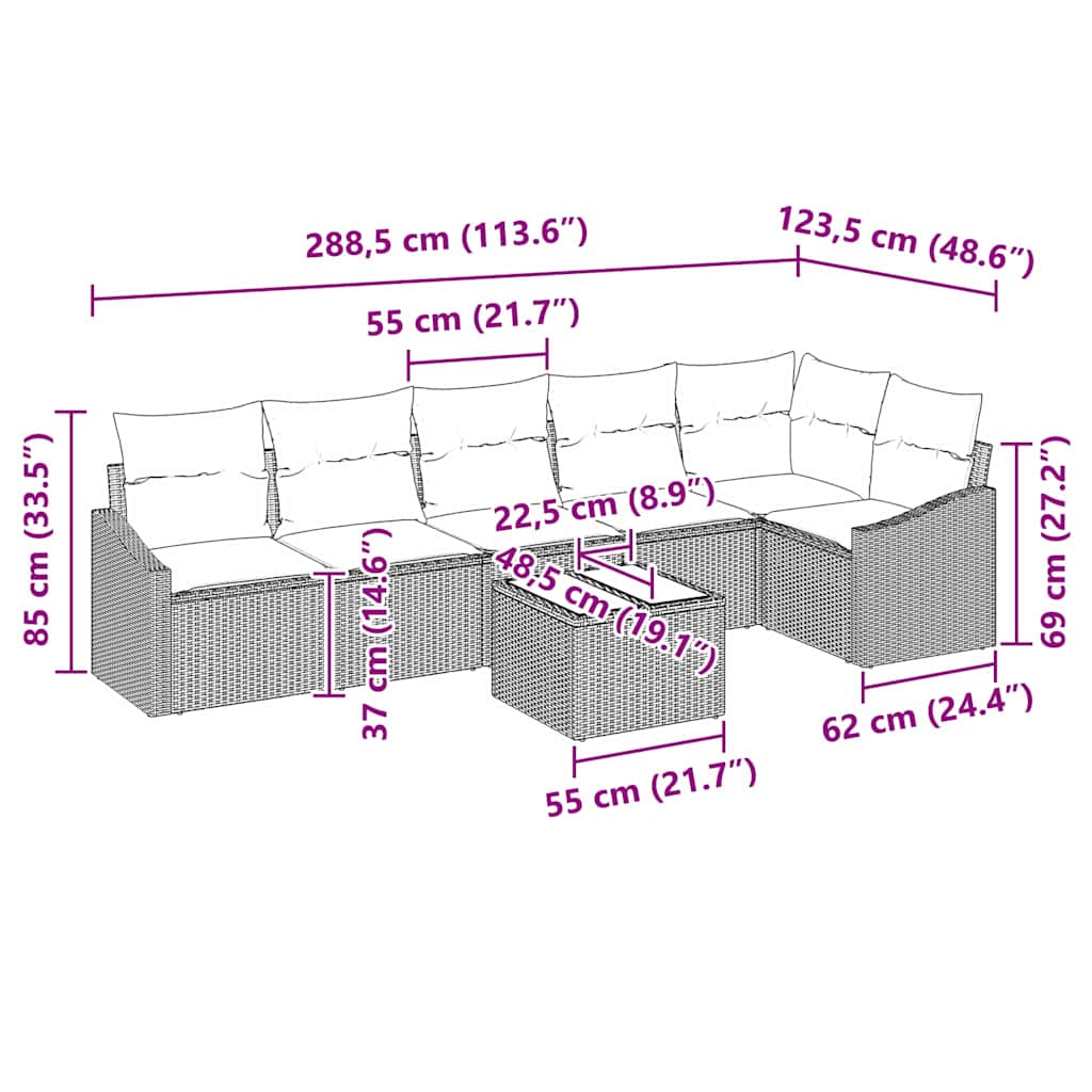 vidaXL Zestaw Sof z poduszką 7 pcs Brązowy polirattan