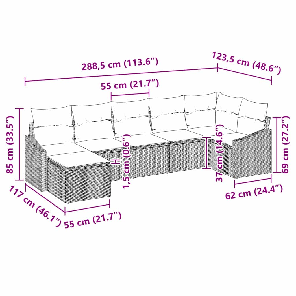 vidaXL Zestaw Sof z poduszką 7 pcs Czarny polirattan