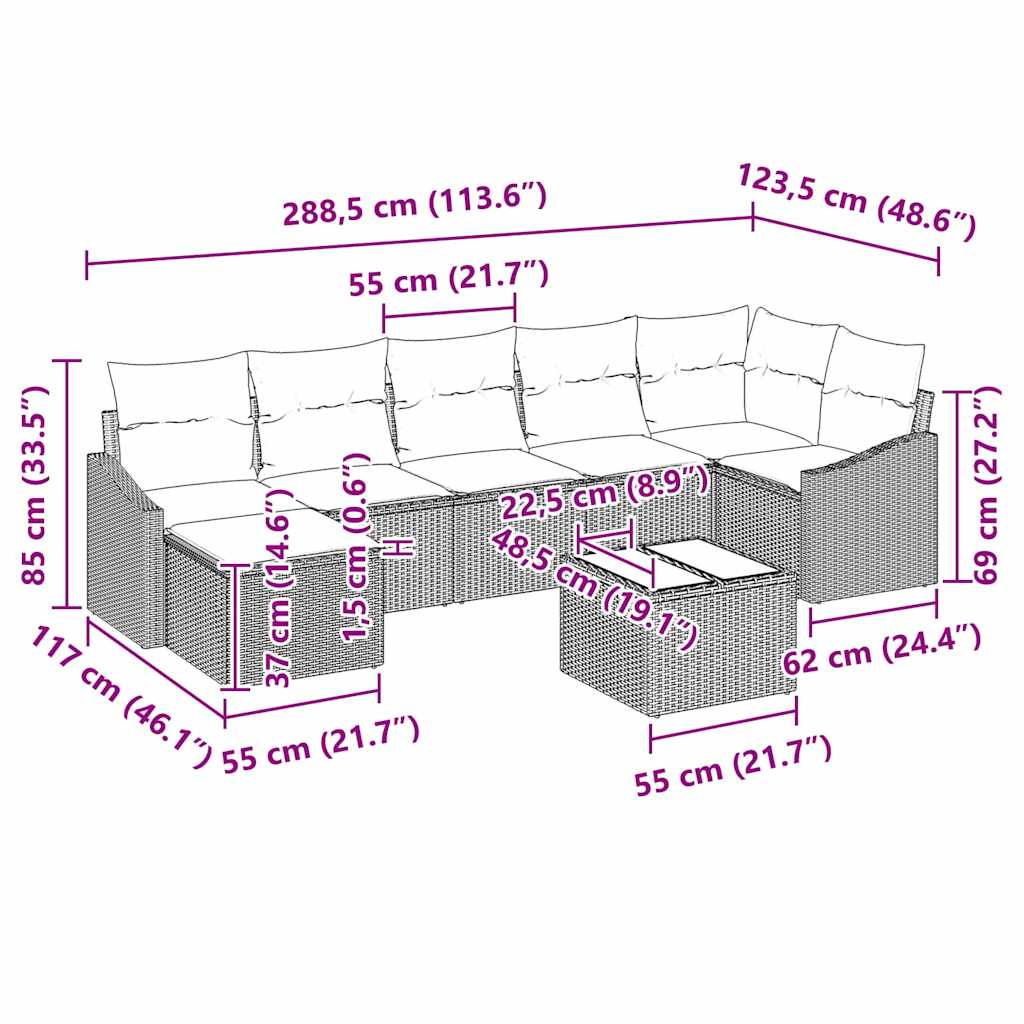 vidaXL Zestaw Sof z poduszką 8 pcs Beżowy polirattan
