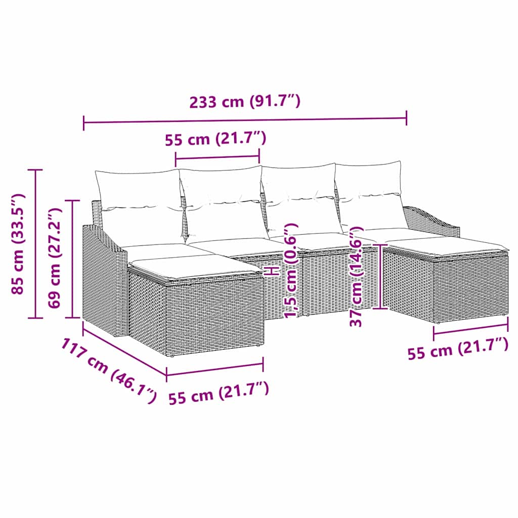 vidaXL Zestaw Sof z poduszką 6 pcs Szary polirattan