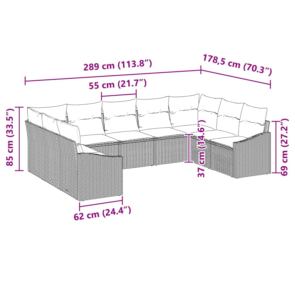 vidaXL Zestaw Sof z poduszką 9 pcs Brązowy polirattan