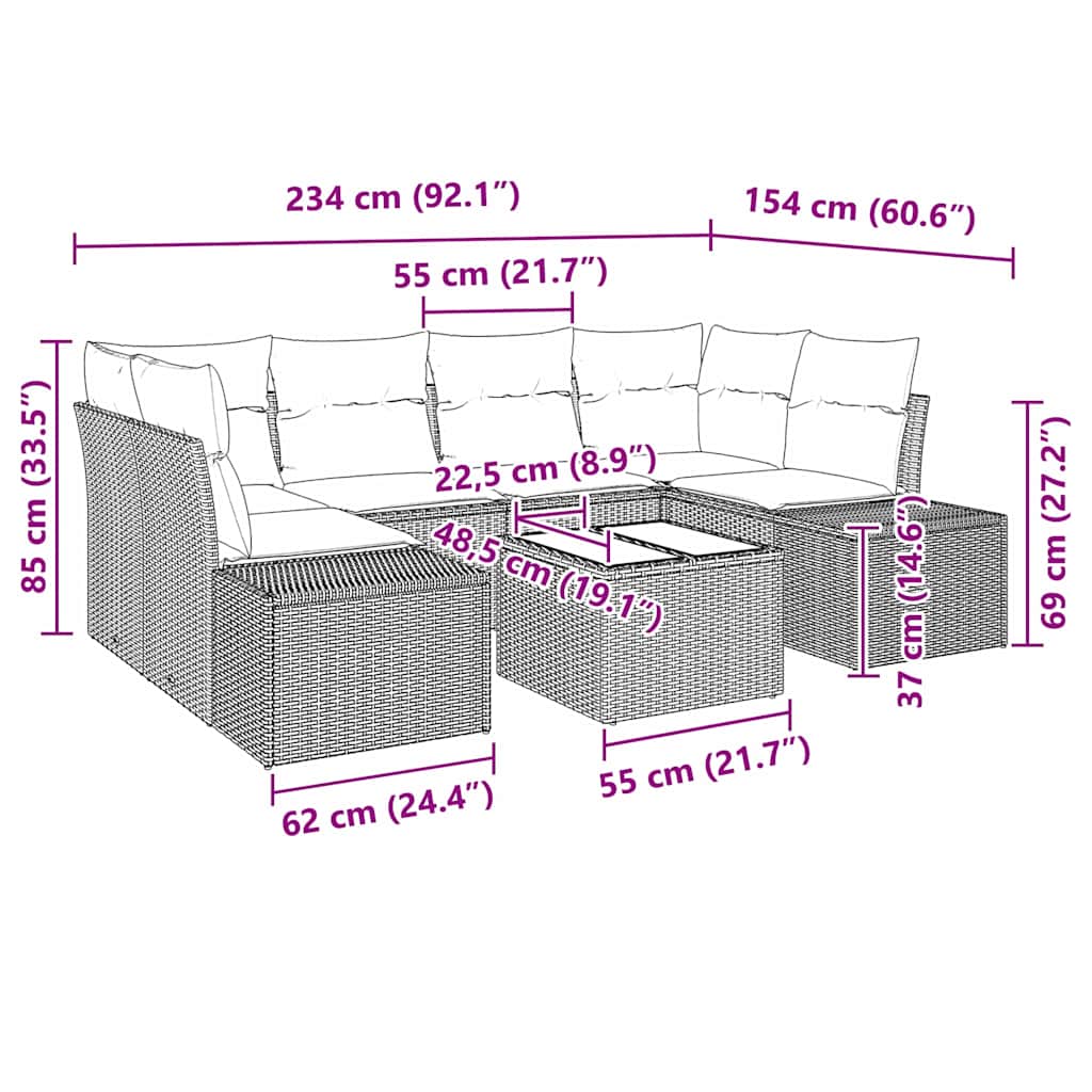 vidaXL Zestaw Sof na Ogród z poduszką 7 pcs Beżowy polirattan