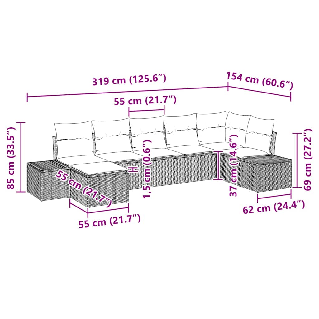 vidaXL Zestaw Sof na Ogród z poduszką 7 pcs Beżowy polirattan