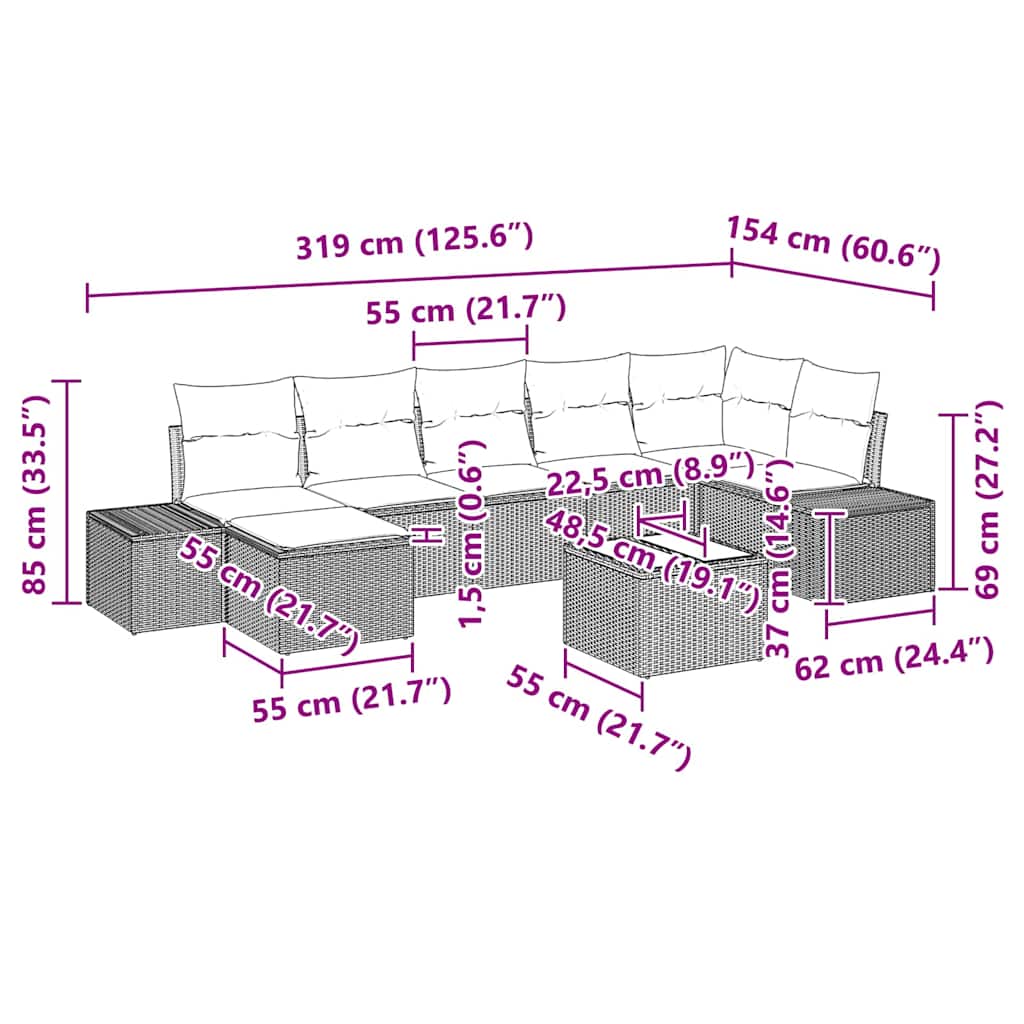 vidaXL Zestaw Sof na Ogród z poduszką 8 pcs Beżowy polirattan