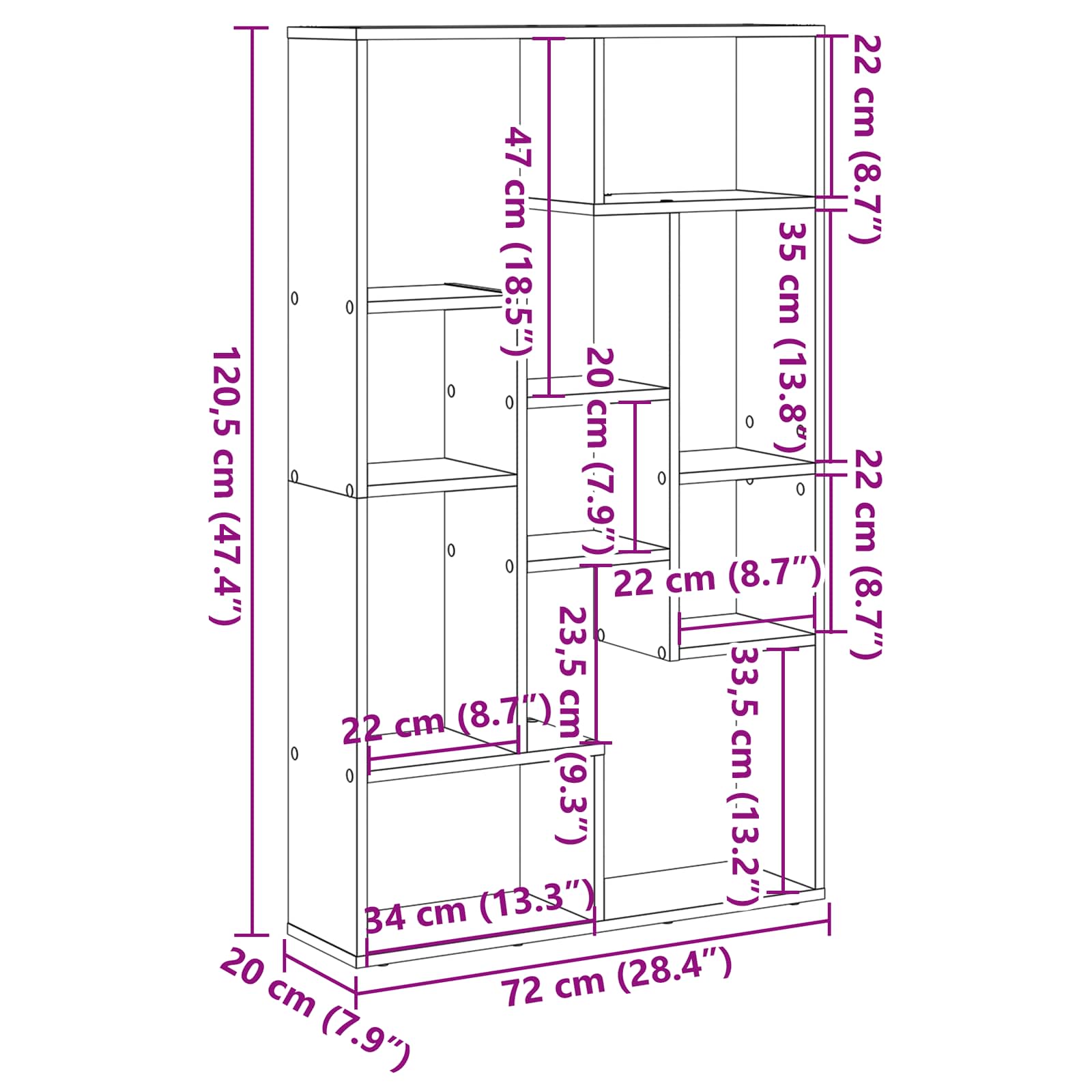 vidaXL Szafka na książki 8 poziomów 72 x 20 x 120,5 cm Czarny Dąb