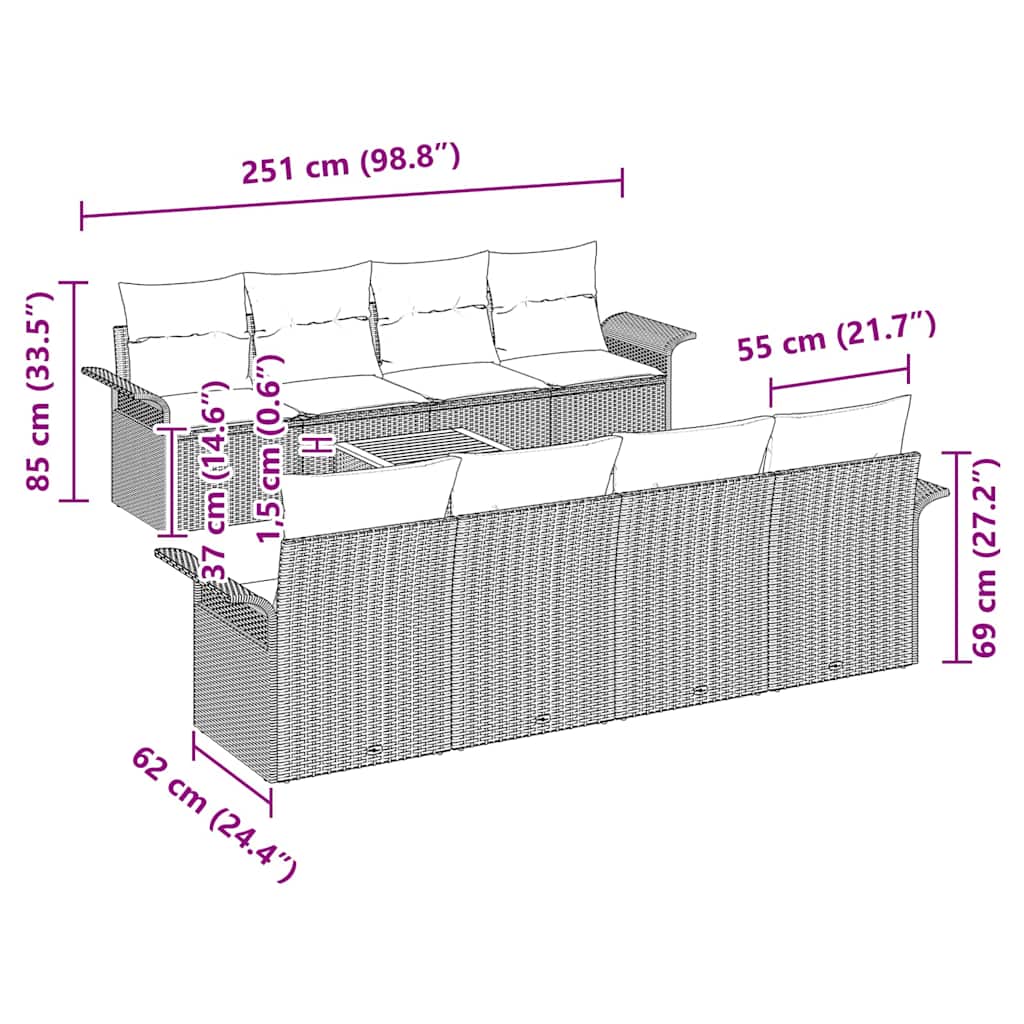 vidaXL Zestaw Sof na Ogród z poduszką 9 pcs Szary polirattan